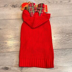 Pup Crew Dog Apparel Red Hooded Sweater Vest with Plaid Reindeer Ears Small S